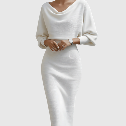 Ismeria | White Draped Batwing Midi Dress