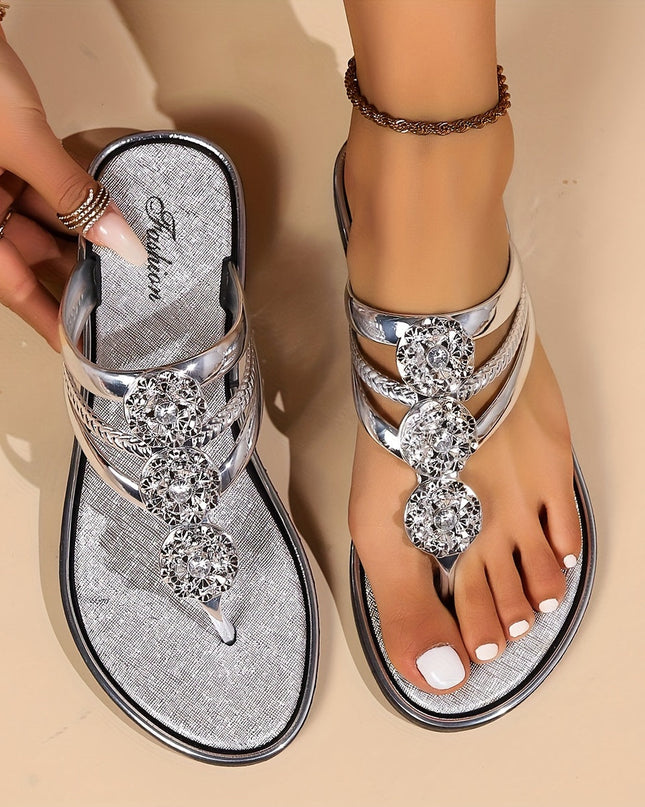 Sandals For Women | Rhinestone T-Strap Flat Sandals