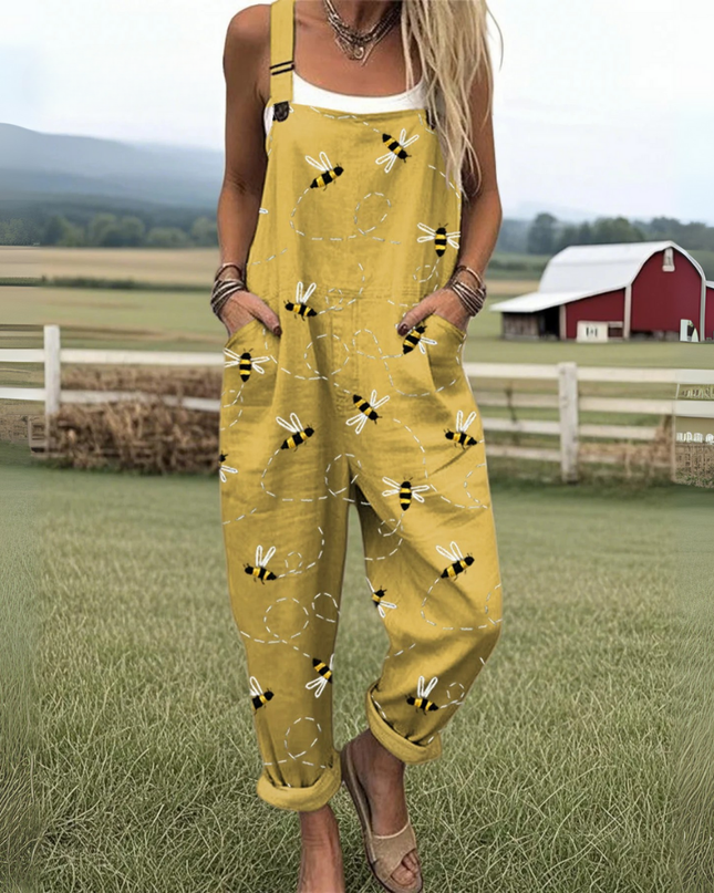 Women's Flying Bees Embroidery Pattern Casual Cotton Wide Leg Jumpsuit