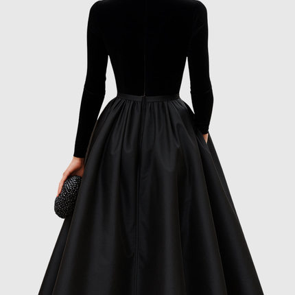 Aradia | Elegant Black Velvet And Satin Midi Dress