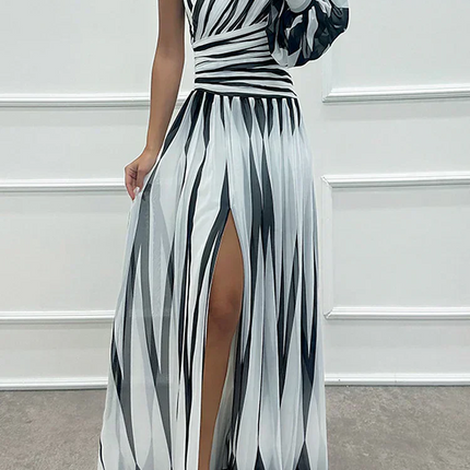 Women's Dress | Striped Maxi One Shoulder Slit