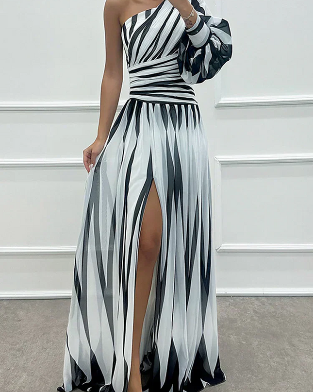 Women's Dress | Striped Maxi One Shoulder Slit