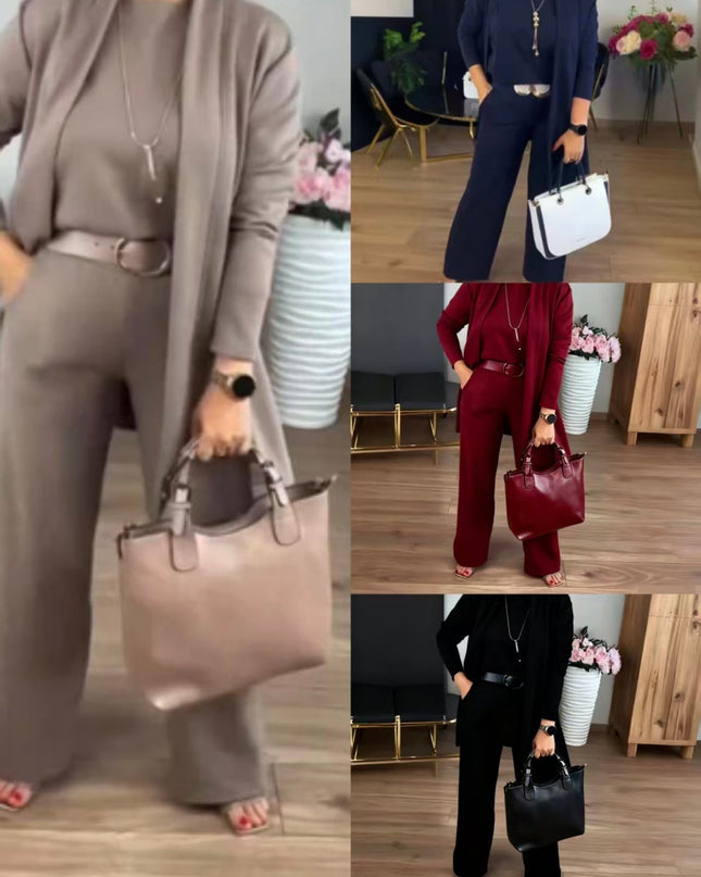 Elegant 3-Piece Set With Longline Cardigan, Top And Trousers