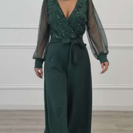 Meira - Mesh Long Sleeves Embellished Jumpsuit