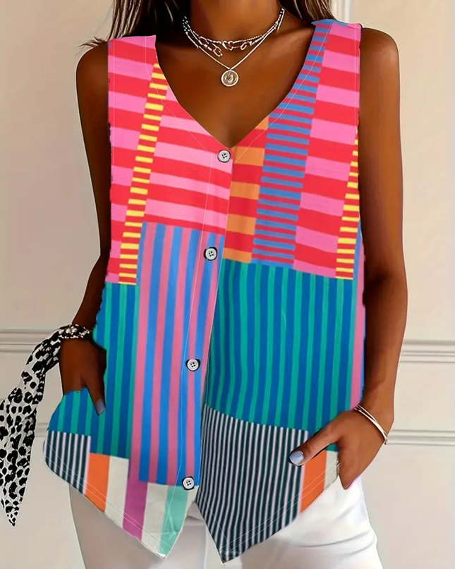 Women’s Blouse | Sleeveless Button Front Print