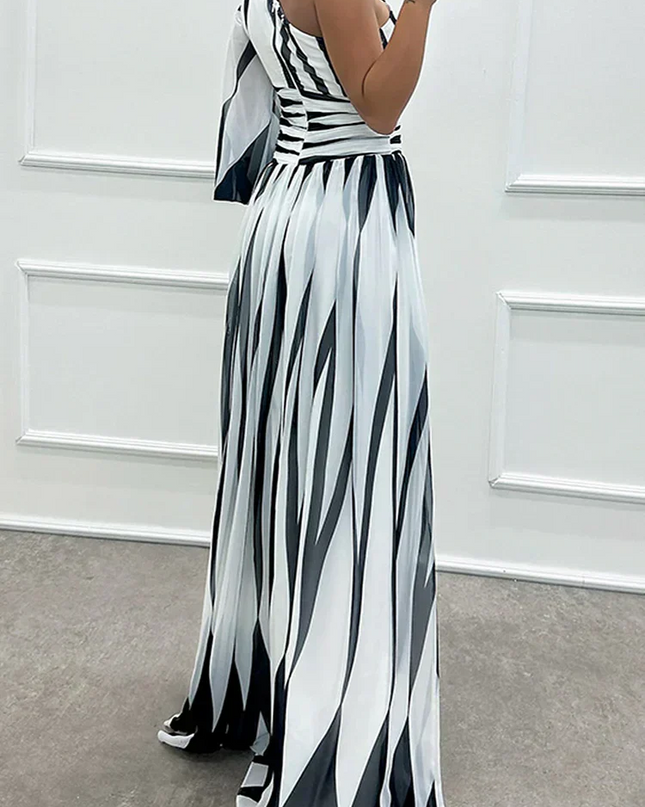 Women's Dress | Striped Maxi One Shoulder Slit