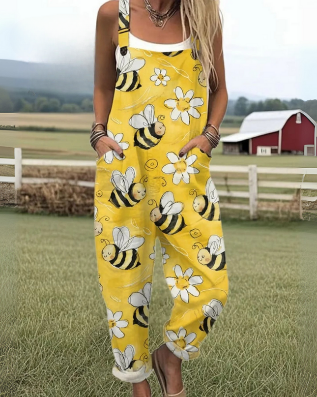Women's Flying Bees Embroidery Pattern Casual Cotton Wide Leg Jumpsuit