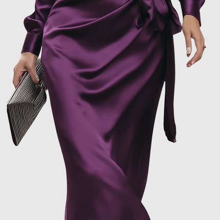 Cerelia | Deep Plum Satin Wrap Midi Dress