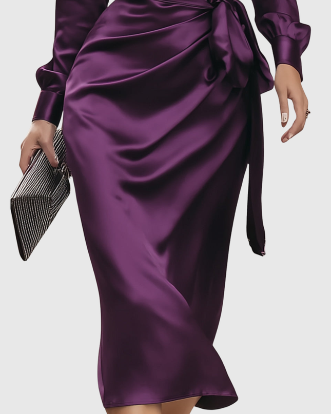 Cerelia | Deep Plum Satin Wrap Midi Dress