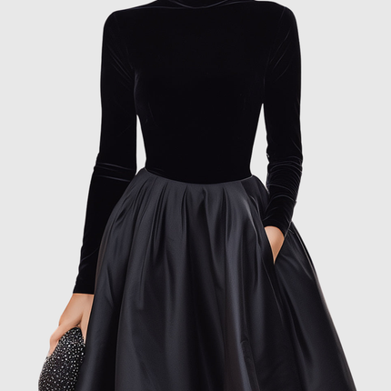 Aradia | Elegant Black Velvet And Satin Midi Dress