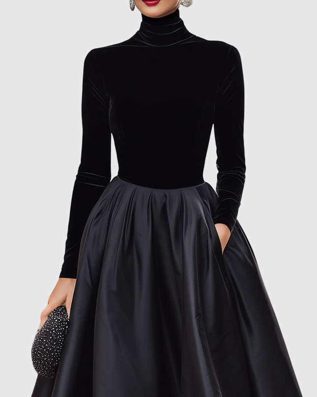 Aradia | Elegant Black Velvet And Satin Midi Dress