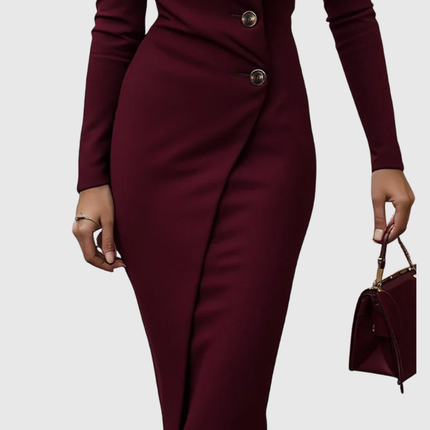 Luned | Burgundy Wrap-Style Buttoned Midi Dress