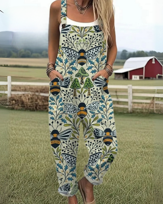 Women's Flying Bees Embroidery Pattern Casual Cotton Wide Leg Jumpsuit