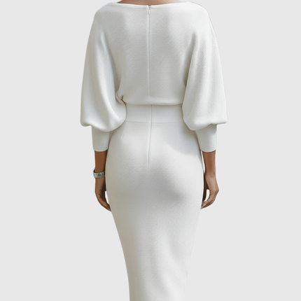 Ismeria | White Draped Batwing Midi Dress