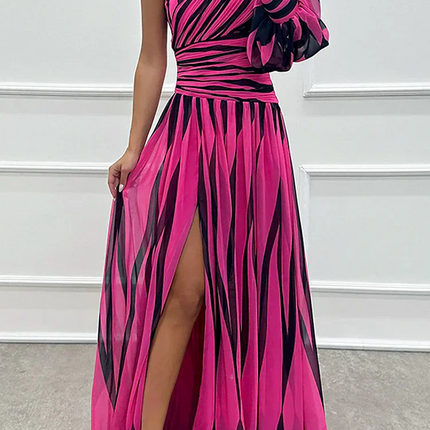 Women's Dress | Striped Maxi One Shoulder Slit
