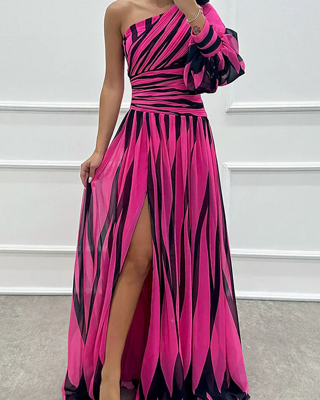 Women's Dress | Striped Maxi One Shoulder Slit