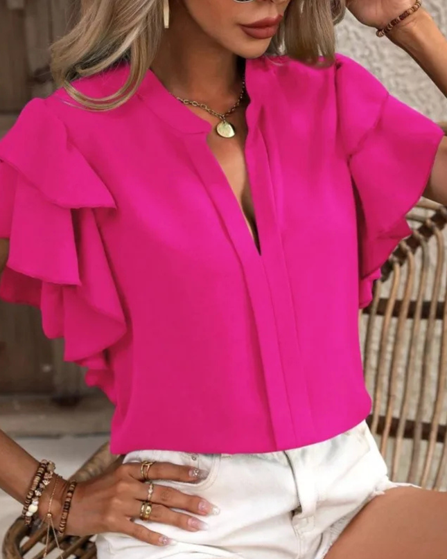 Women’s Blouse | Ruffle Short Sleeve V-shaped Neckline