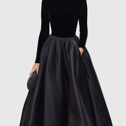 Aradia | Elegant Black Velvet And Satin Midi Dress