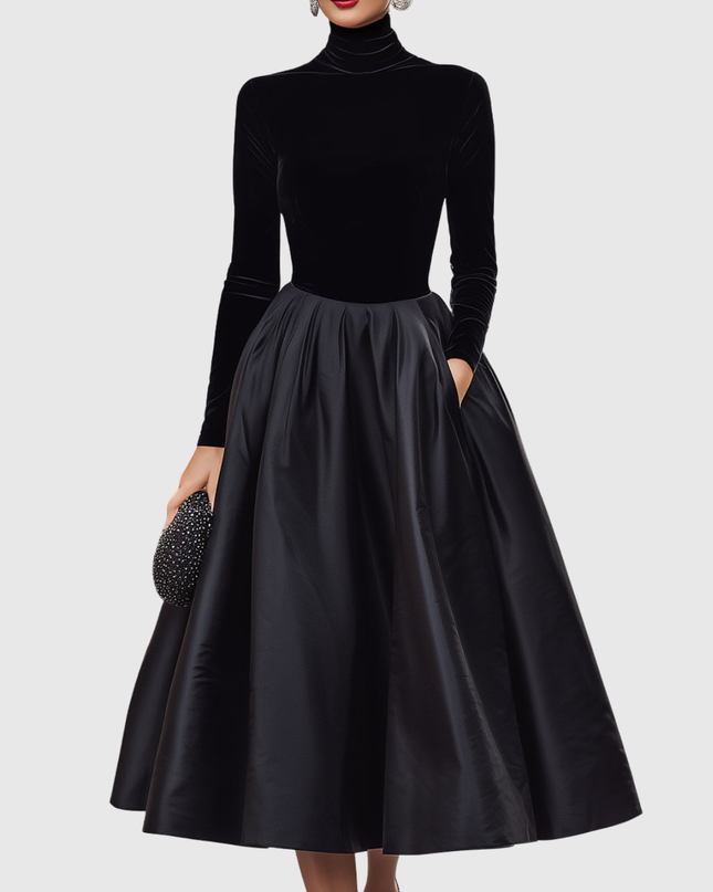 Aradia | Elegant Black Velvet And Satin Midi Dress