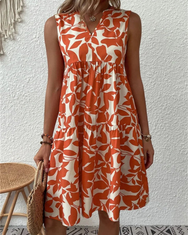 Women's Dress | Leaf Print Sleeveless V-Neck Mini