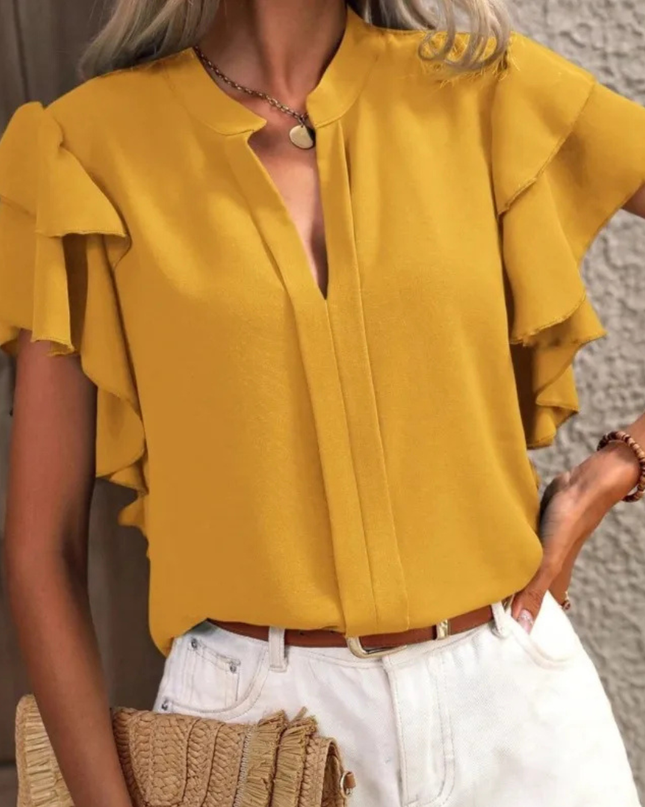 Women’s Blouse | Ruffle Short Sleeve V-shaped Neckline