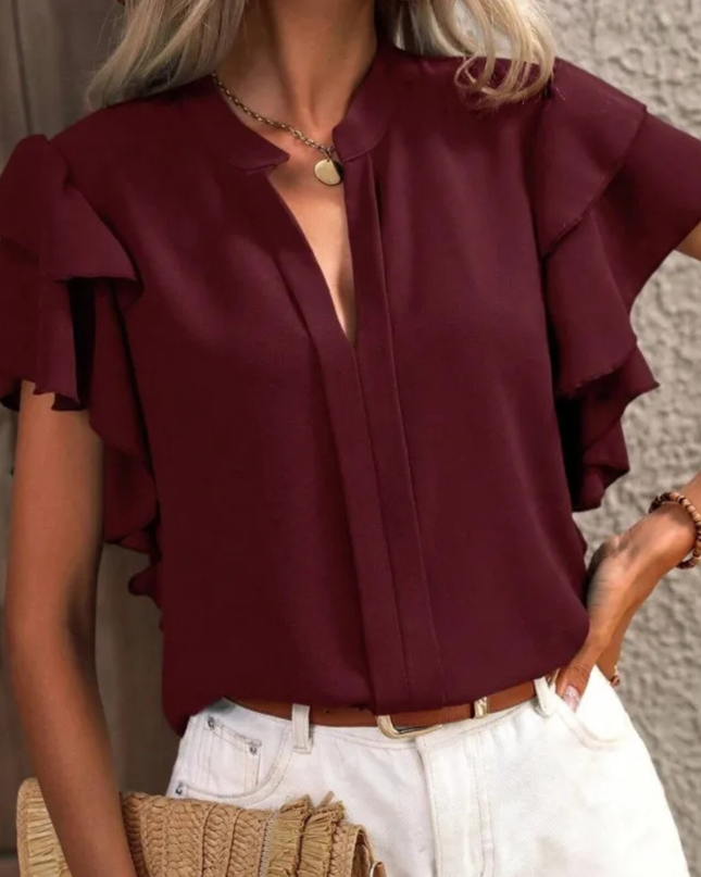 Women’s Blouse | Ruffle Short Sleeve V-shaped Neckline