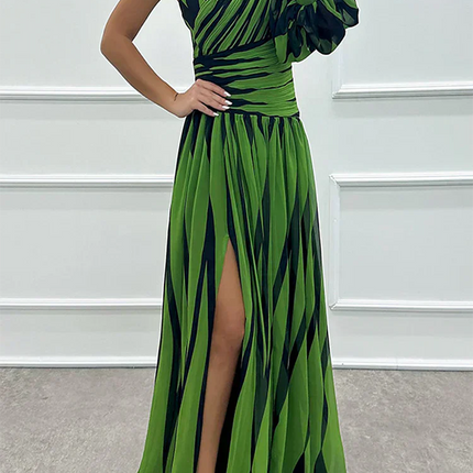Women's Dress | Striped Maxi One Shoulder Slit