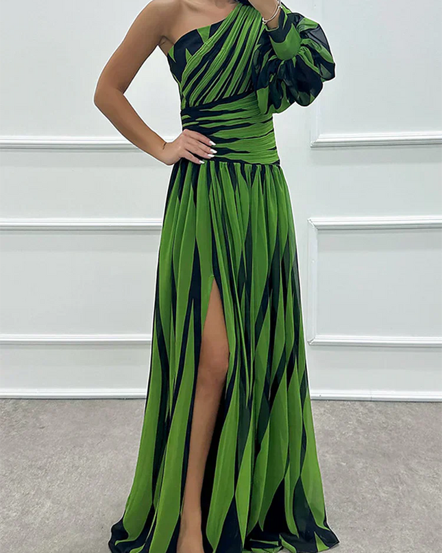 Women's Dress | Striped Maxi One Shoulder Slit
