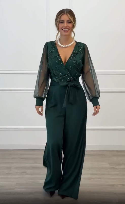Meira - Mesh Long Sleeves Embellished Jumpsuit