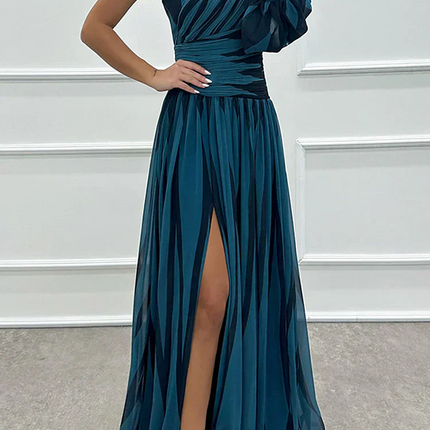 Women's Dress | Striped Maxi One Shoulder Slit