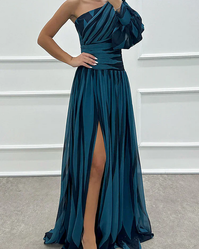 Women's Dress | Striped Maxi One Shoulder Slit
