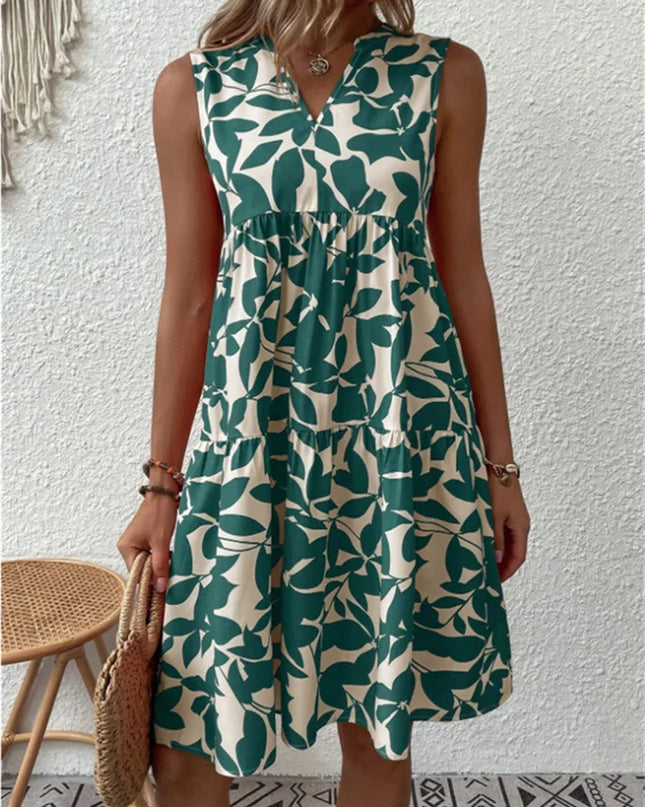 Women's Dress | Leaf Print Sleeveless V-Neck Mini