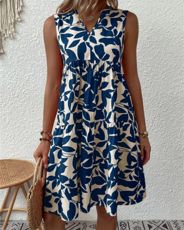 Women's Dress | Leaf Print Sleeveless V-Neck Mini