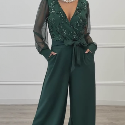 Meira - Mesh Long Sleeves Embellished Jumpsuit