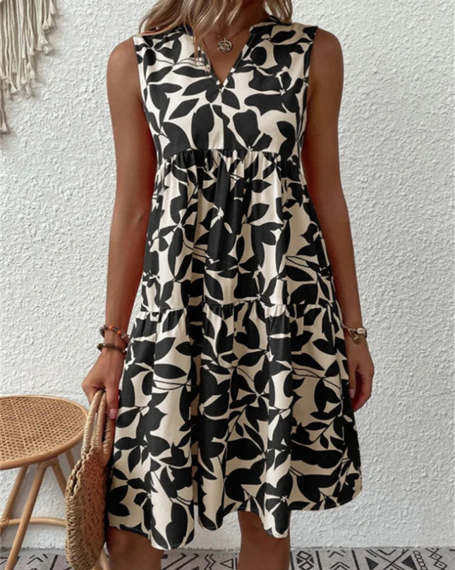 Women's Dress | Leaf Print Sleeveless V-Neck Mini