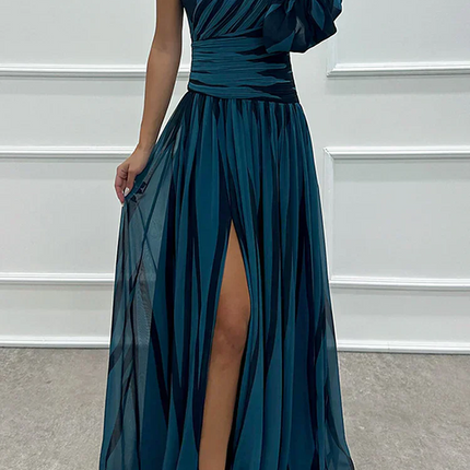 Women's Dress | Striped Maxi One Shoulder Slit