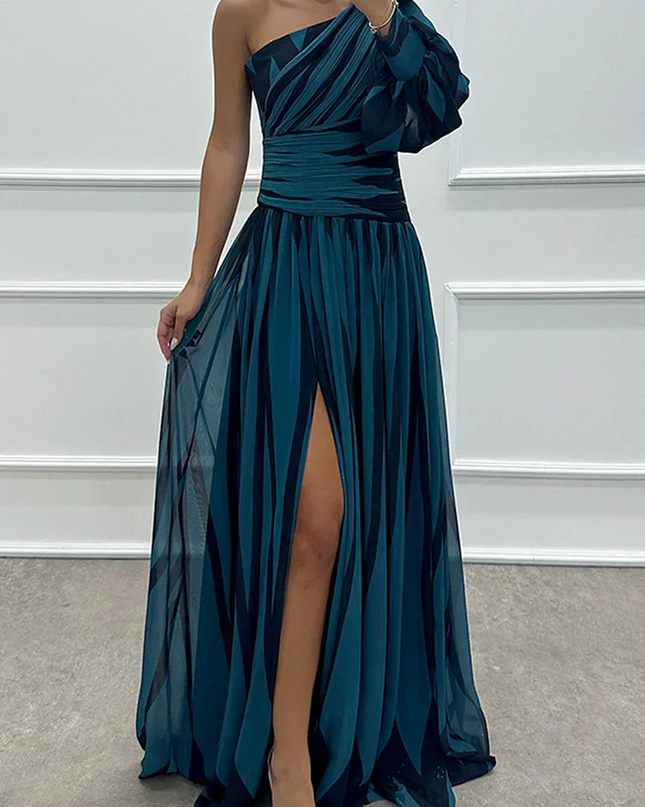 Women's Dress | Striped Maxi One Shoulder Slit