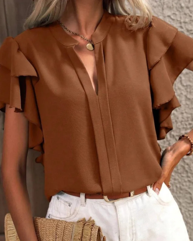 Women’s Blouse | Ruffle Short Sleeve V-shaped Neckline