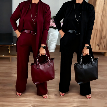 Elegant 3-Piece Set With Longline Cardigan, Top And Trousers