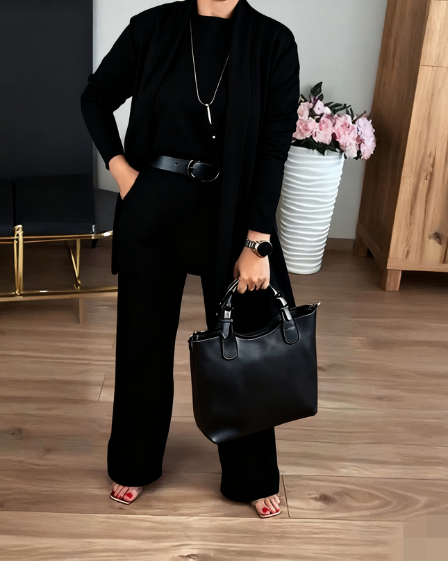 Elegant 3-Piece Set With Longline Cardigan, Top And Trousers