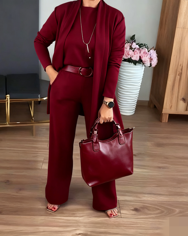 Elegant 3-Piece Set With Longline Cardigan, Top And Trousers