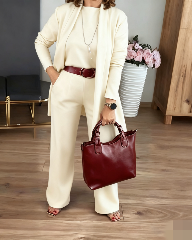 Elegant 3-Piece Set With Longline Cardigan, Top And Trousers