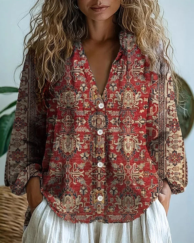 Women’s Blouse | Printed V-Neck Long Sleeve