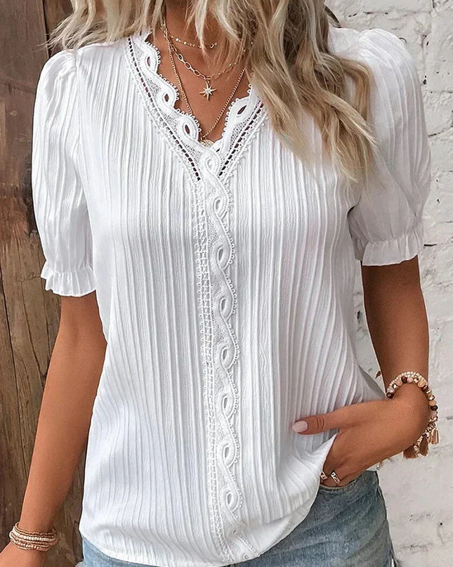 Women's Blouse | Pleated V-Neck Button Detail