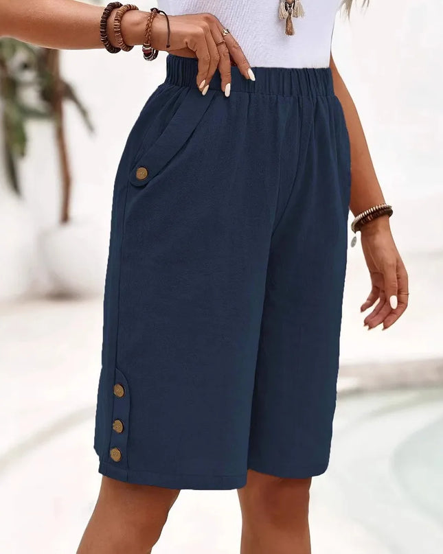 Women's Shorts | Knee Length Elastic Waist Button Detail