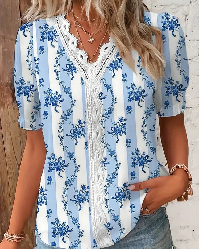 Women’s Blouse | Lace V-Neck Printed