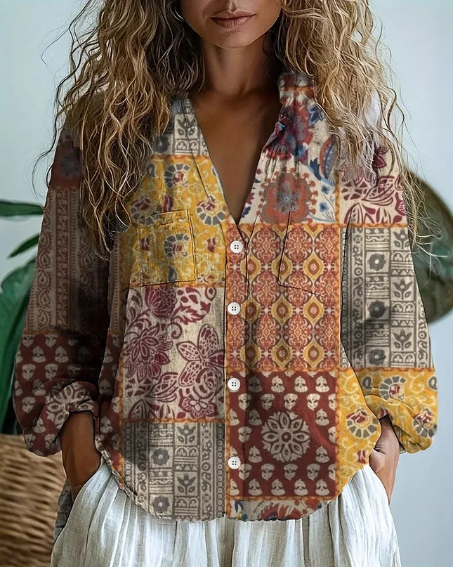 Women’s Blouse | Printed V-Neck Long Sleeve