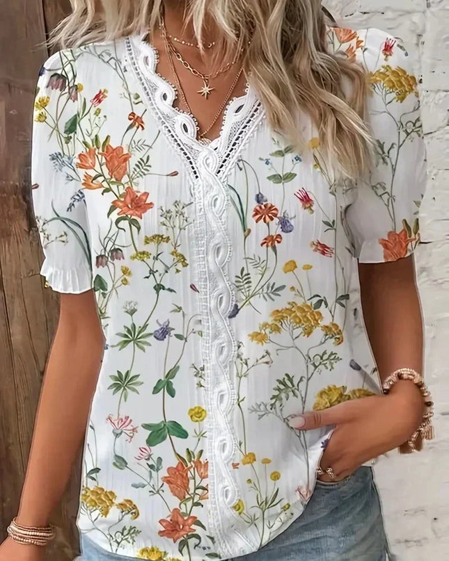 Women’s Blouse | Lace V-Neck Printed