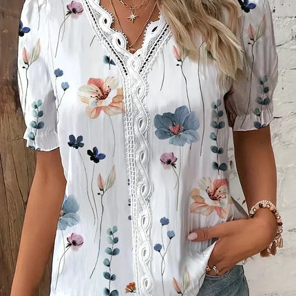 Women’s Blouse | Lace V-Neck Printed