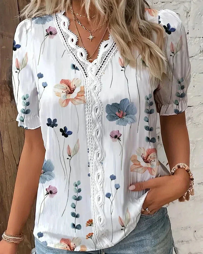 Women’s Blouse | Lace V-Neck Printed